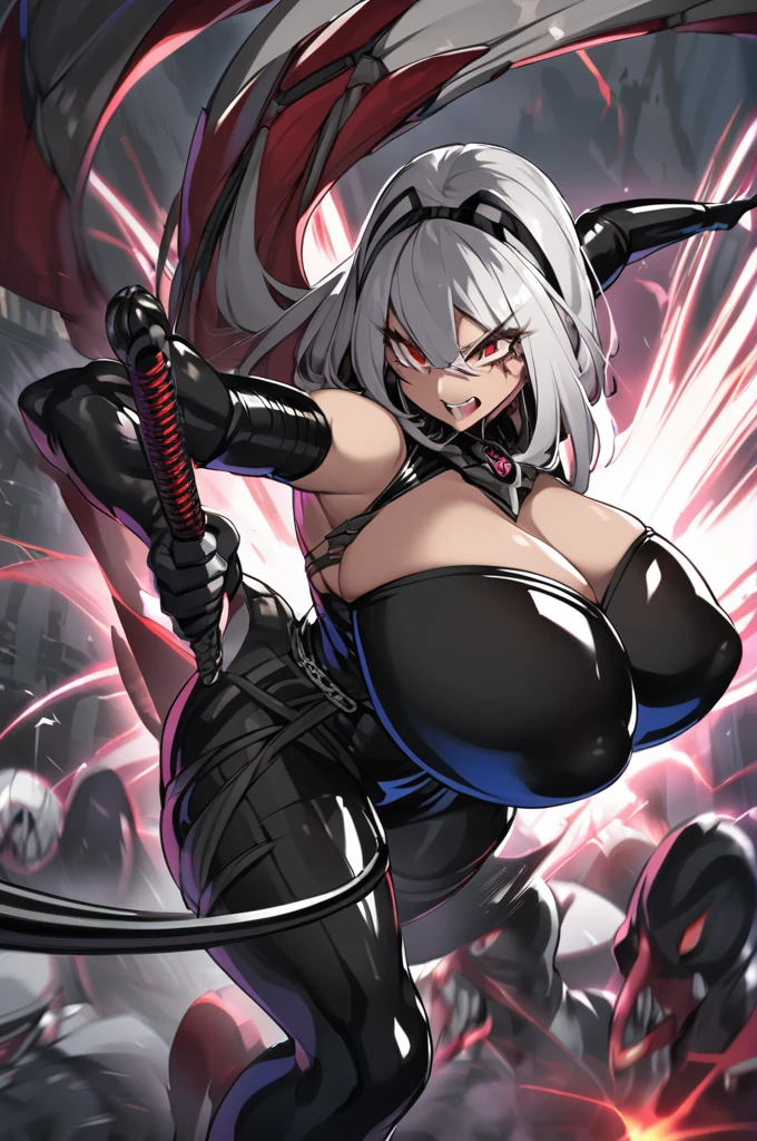 Arachne woman, huge breasts, defined, white hair with black streaks, black latex outfit, holding a bladed whip, hitting several monsters, lots of gore, stipitis club background