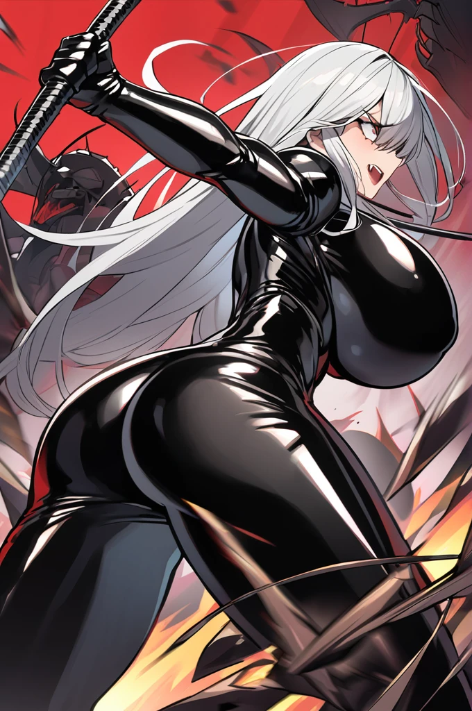 Arachne woman, huge breasts, defined, white hair with black streaks, black latex outfit, holding a bladed whip, hitting several monsters, lots of gore, stipitis club background 