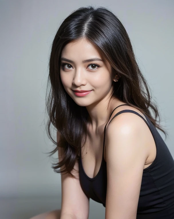 (masterpiece:1.3), 8K, Photorealsitic, Raw photography, (Top image quality:1.4), asian high school girls, (black long straight hairs pulled to the front:1.2), (cleavage of the breast:0.8), Super Detail Face, (sharp focus:1.2), (pretty woman:1.4), top-quality, masterpiece, A high resolution, (Photorealsitic:1.4), Highly detailed and professional lighting, wearing sleepwear, slender, serious facial expression, rules of third, 1 person, pretty eyes, beauty smile, cute pose, full body shot, flat color background at studio