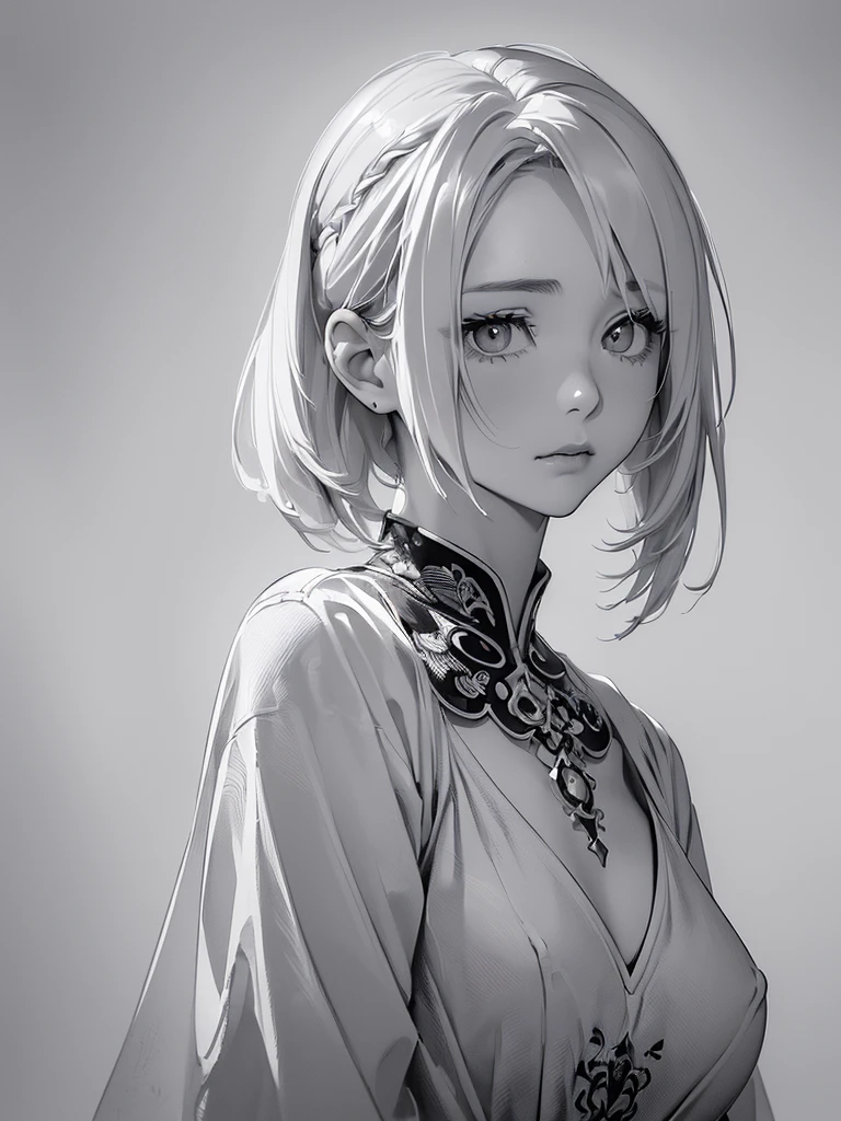 ((monochrome))(Image from chest up:1.4)((masterpiece:1.5,Highest quality,Highly detailed images,Beautiful images、Realistic、Sketch、2.5D、Ink Painting、Portraiture))(1girl, 独奏)(medium breasts, white hair、bob hair)(profile,Gaze straight ahead、Shake your head、A sad expression, floating hair)(Plain background)from side