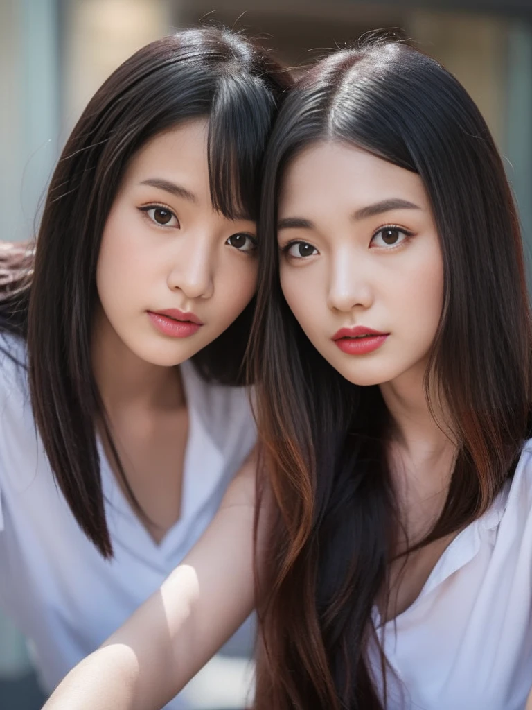 2 women,2 students, 28 years old,One has red hair and the other has black hair.,realistic,realistically