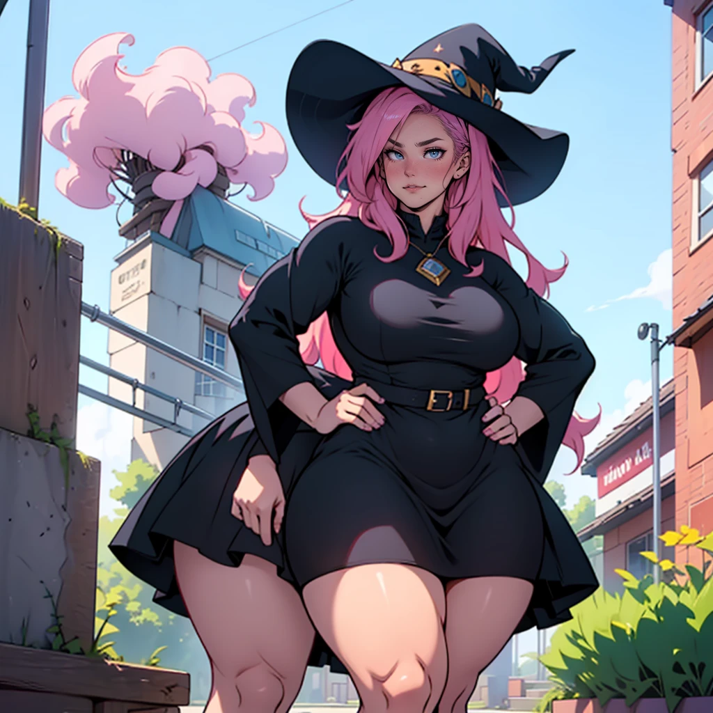 older woman in her 30s, with pink hair and a tall, curvy body, view from behind, standing backwards, breasts big, in this, (work of art, best qualityer:1.2) wearing the legendary great black dress of the mystical sorceress, Big witch hat, standing alone, alone, pink massive hair