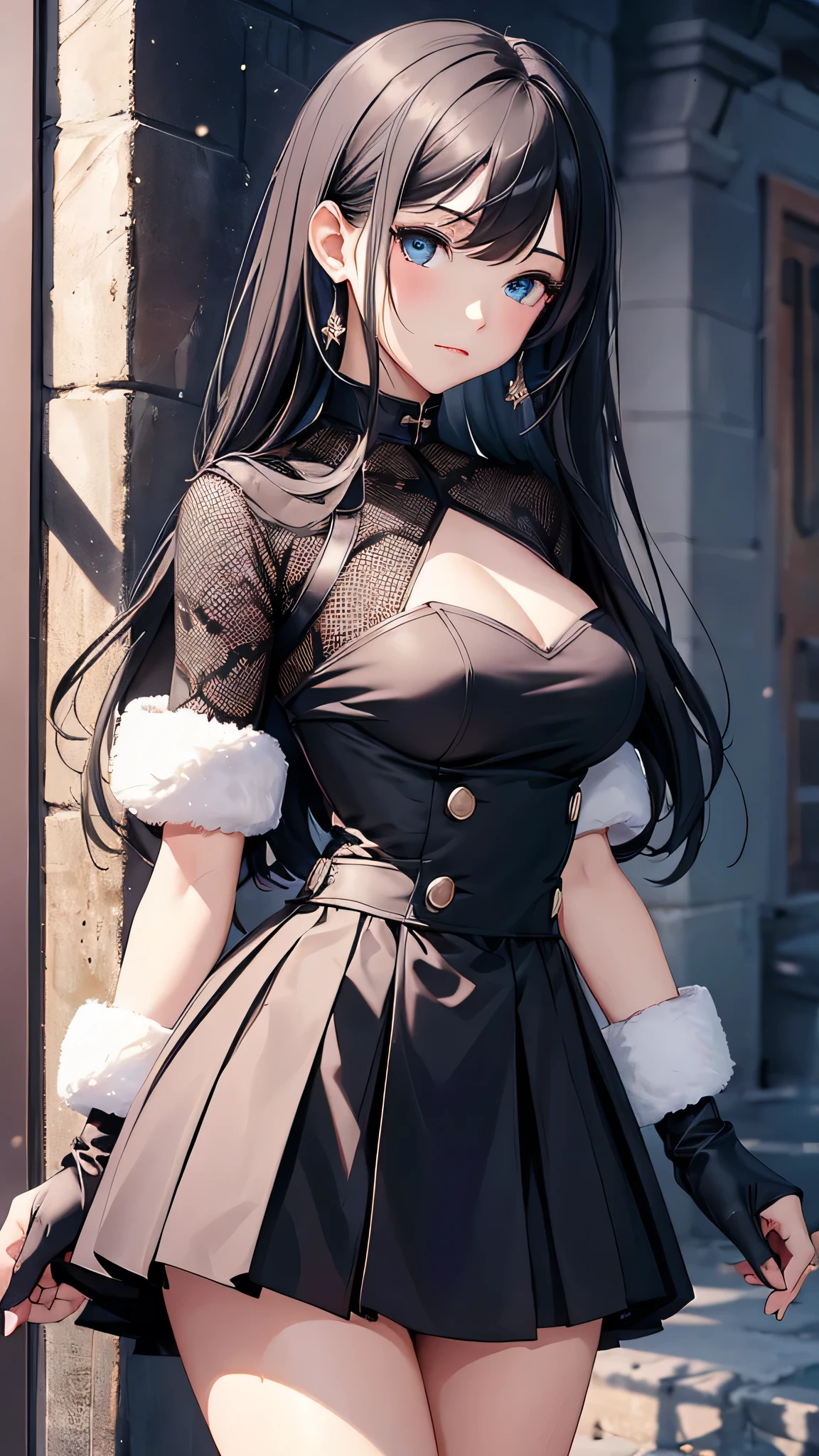 最high quality、Best image quality、masterpiece、With a girl((cute、20-year-old、Best Bust、Medium Bust、Bust 85,Beautiful Blue Eyes、Spread your chest wide,Long black hair、Slender、The best valley、、Blue Y-shirt、White short skirt,Show the whole body、Black perforated gloves))high quality、Beautiful art、background((School、School zone、Strong winds)),Tabletop、Exquisite design、Visual Arts、Depth of written boundary、Best lighting、Highest detail、8k