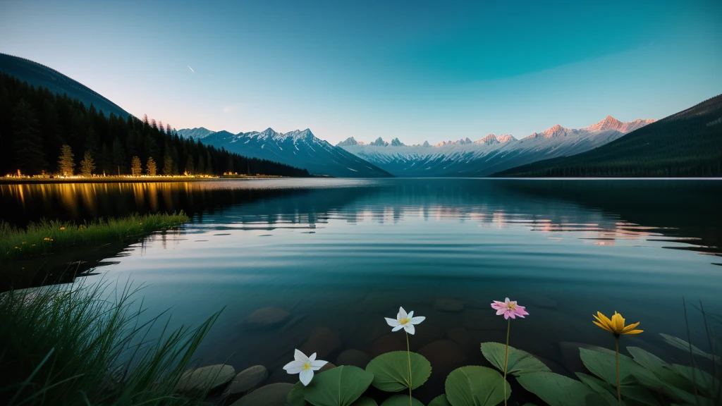 flowers,nuit,mysterious,lake