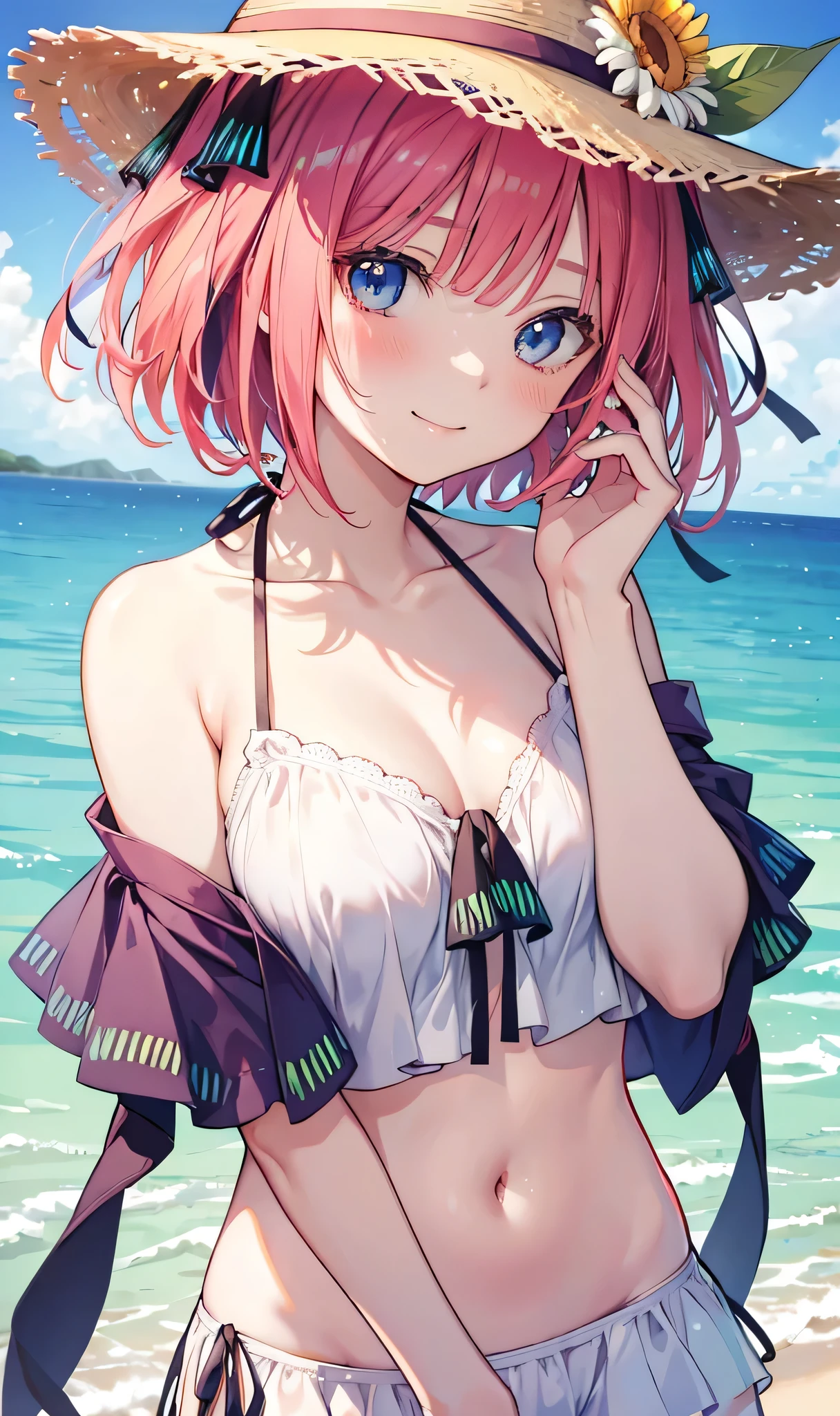 Nino Nakano is a character that appears in the anime "The Quintessential Quintuplets" 「The background is a sunny day at the sandy beach...」The eyes of this character are blue. My hairstyle is a bob cut with shockingpink color. This character is wearing a butterfly hair accessory. Please focus on this character. This character has a very lovely smile.high Quality. .. masterpiece,best quality,ultra detailed, My breast size is D cup. The background is a sunny day at the sandy beach. This character is wearing an off shoulder bikini. The off shoulder bikini has a pattern of Blue and White stripes.
