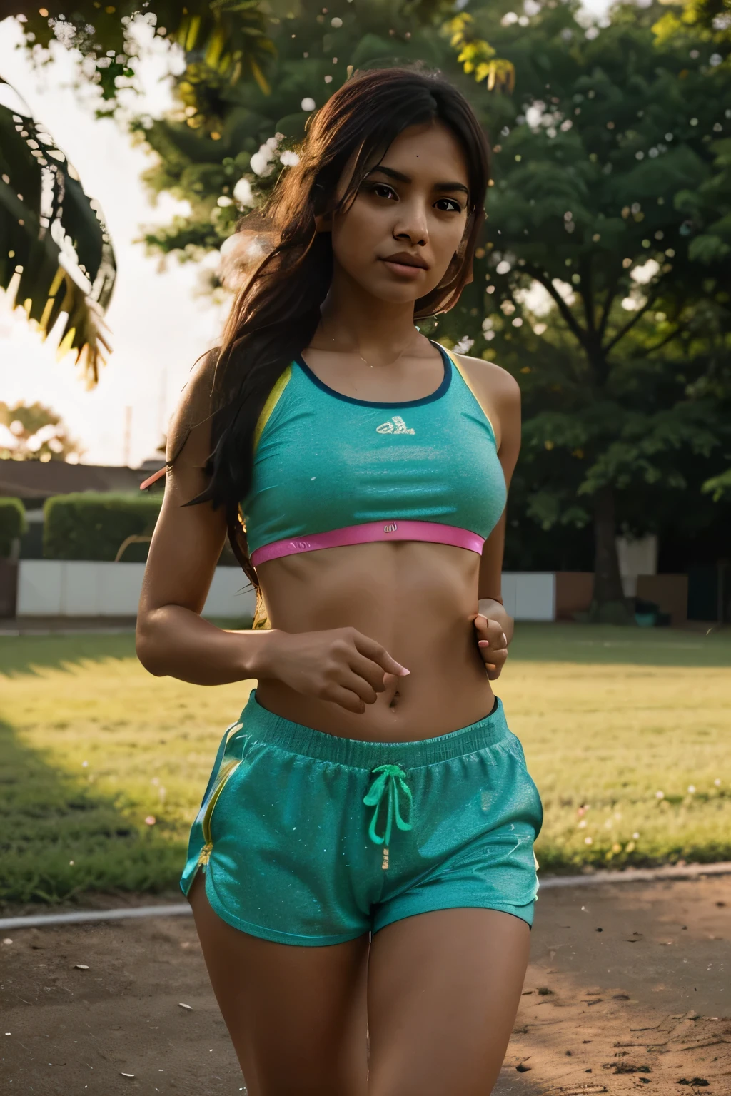 South Asian girl outdoors during golden hour, Shot at 9:9 cinematic aspect ratios. The image captured her naturalness., dim lighting to enhance clarity of skin and senses , including shortcomings, for a more authentic appearance of humanoid life qualities. Her sports outfit for working out is a tight top and shorts, neon and shining colors., offering striking contrast with subdued lighting and natural backgrounds. The effect of a 66mm lens is applied to create a cinematic feel., emphasis on the woman&#39;s expressive posture and interaction with the environment. The background has soft bokeh., rich foliage, and dappled light, everything is complemented by a bright outfit and delicate skin tones.. Create the feeling of a recording screen, Her cleavage is covered in blue neon clothing.