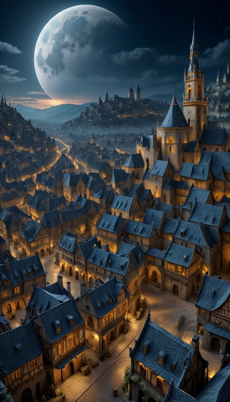 medieval cities，themoon（（Horrifying decoration））（（（tmasterpiece）））， （（Best quality））， （（intricately details））， （（hyper realisitc））（8K）