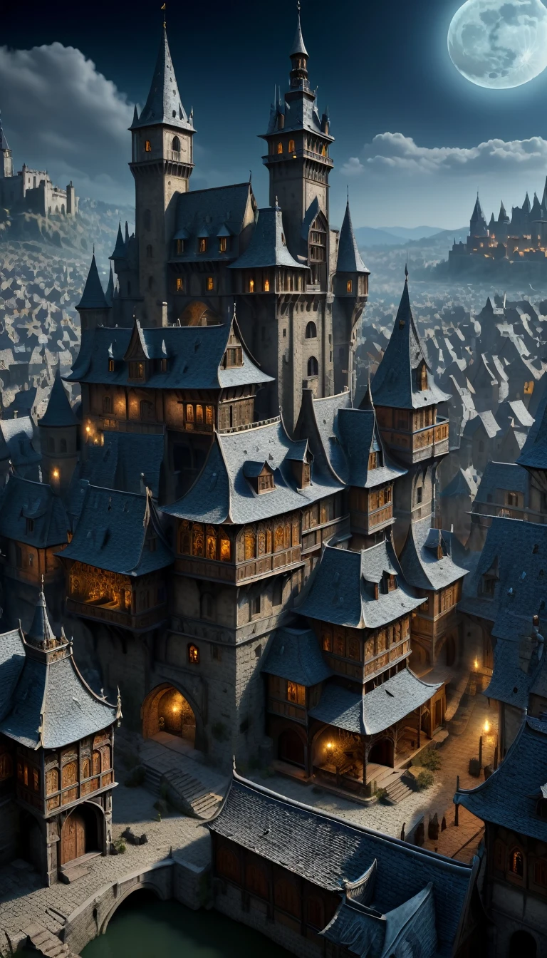 medieval cities，themoon（（Horrifying decoration））（（（tmasterpiece）））， （（Best quality））， （（intricately details））， （（hyper realisitc））（8K）