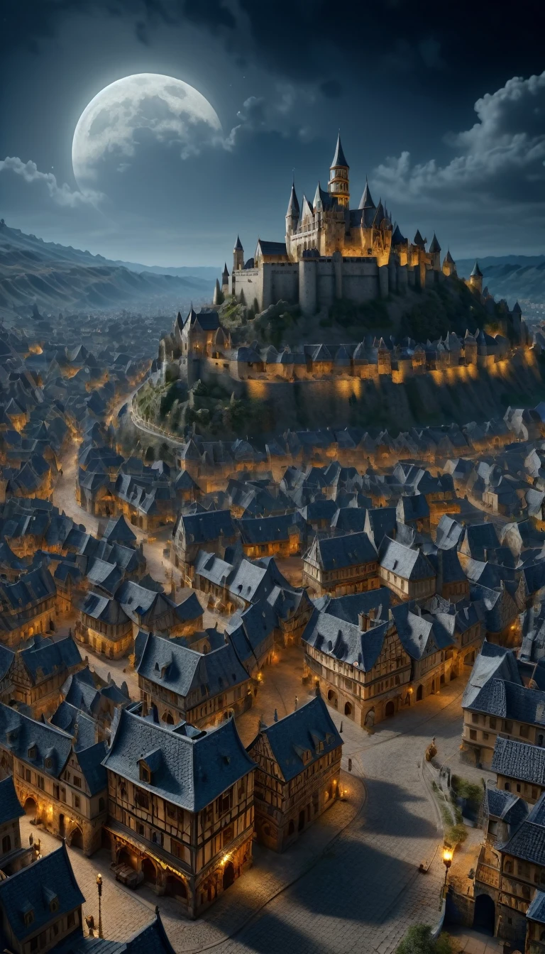 medieval cities,themoon((Horrifying decoration))(((tmasterpiece))), ((Best quality)), ((intricately details)), ((hyper realisitc))(8K)