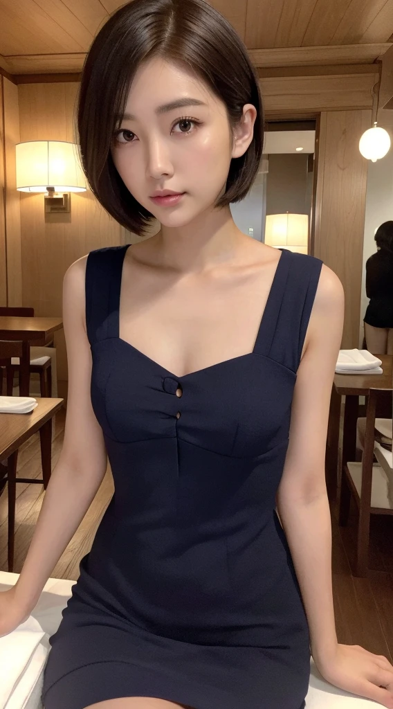 8K、High resolution、high quality、Realistic、whole body、walking、expensive、all、short hair、Brown Hair、double、woman、Late 20s、Long face、Japanese、expensive鼻、Straight nose、Mid-chest、noon、Navy knit dress、のwoman、Small face、Round face、Fine dining、High floors、Sitting in a chair、Night view