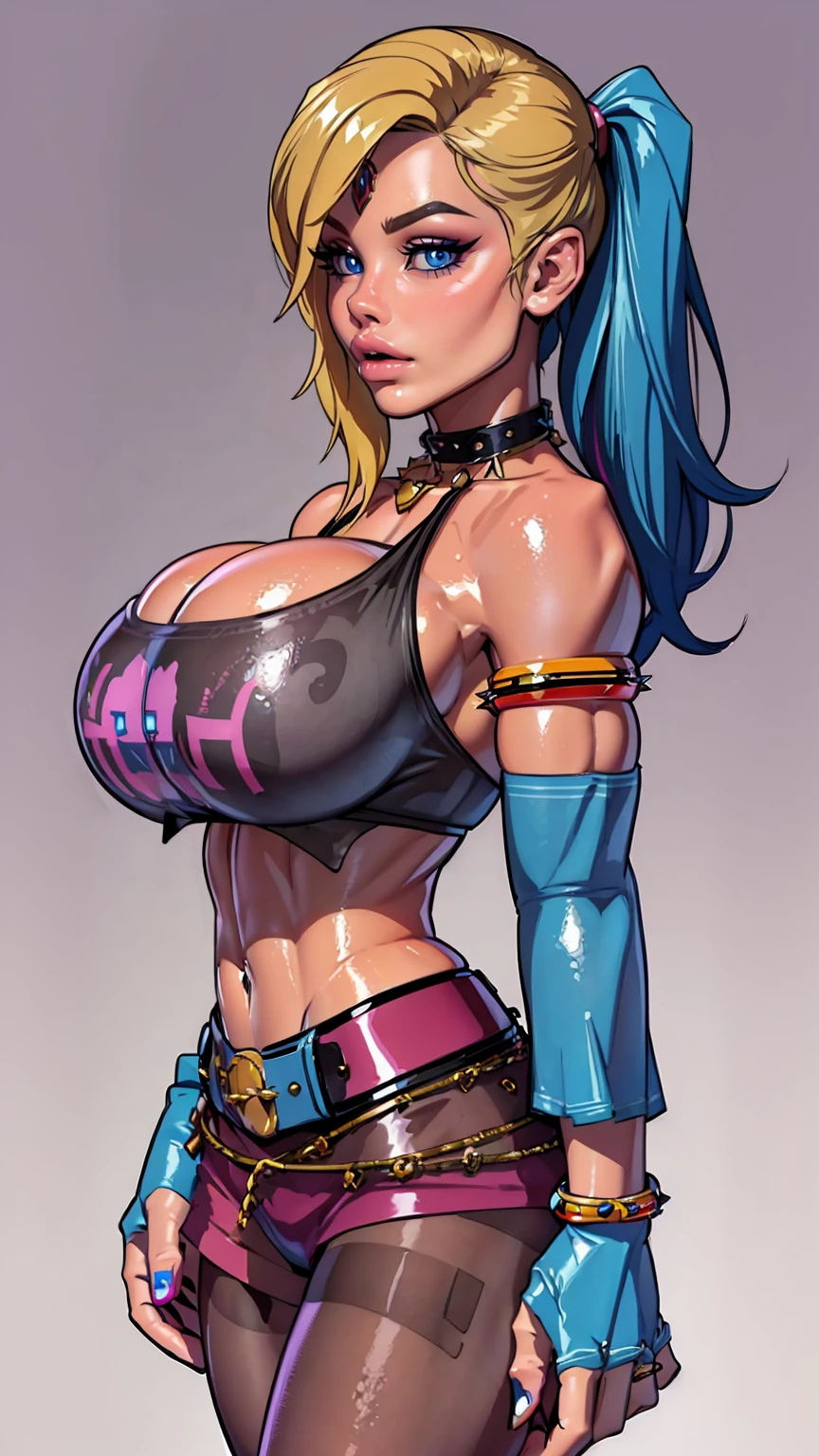 best quality,masterpiece,HDR,UHD,8K,masterpiece,Highly detailed,1girl,short hair,(upper body:1.1),detailed face,simple background,dress,medium size breasts,bare shoulders,girl,solo,blonde hair,twintails,jacket,short shorts,pantyhose,torn pantyhose,crop top,torn clothes,blood,clothes writing,makeup,blue eyes,eyeshadow,blue hair,midriff,navel,gloves,fishnets,multicolored clothes,belt,bracelet,spiked bracelet,multicolored hair,collar,graffiti, huge gigantic boobs, big juicy lips, Harley Quinn white face make up,