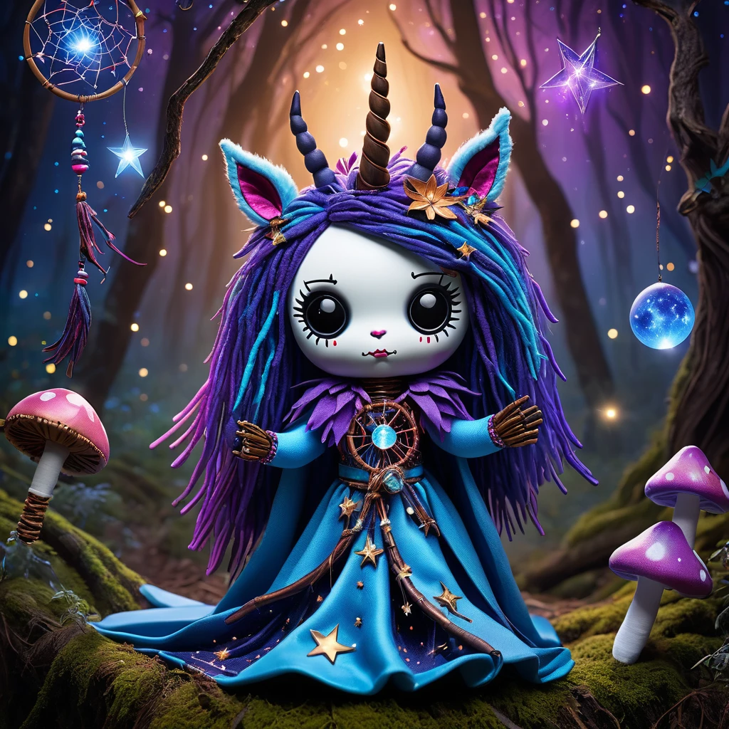 (knitted toy voodoo doll:1.7), (Voodoo Unicorn Dream Keeper:1.2), (Clothing: shimmering starry cloak with celestial patterns:1.0), (Accessories: dreamcatcher staff with floating dream wisps, levitating moonstones:1.1), (background: twilight forest with glowing mushrooms, starry skies, and floating dream wisps:1.2), best quality, masterpiece, detailed soft oil painting, detailed background, dramatic cinematic lighting, soft edge lighting, professional, dramatic lighting, hard edge lighting, ultra quality, 4k, masterpiece, best quality, 8k, ultra high definition, high resolution, extremely detailed