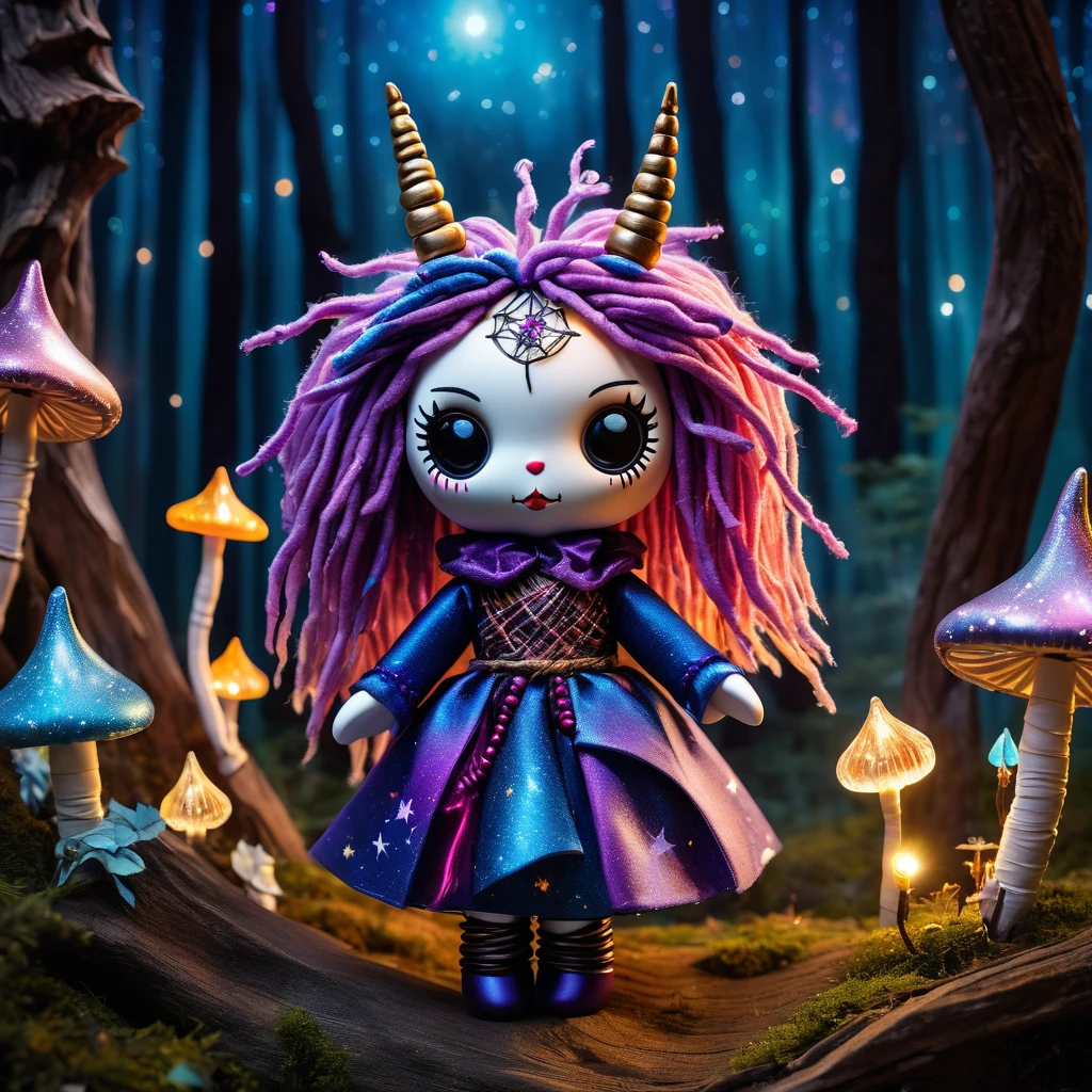 (knitted toy voodoo doll:1.7), (Voodoo Unicorn Dream Keeper:1.2), (Clothing: shimmering starry cloak with celestial patterns:1.0), (Accessories: dreamcatcher staff with floating dream wisps, levitating moonstones:1.1), (background: twilight forest with glowing mushrooms, starry skies, and floating dream wisps:1.2), best quality, masterpiece, detailed soft oil painting, detailed background, dramatic cinematic lighting, soft edge lighting, professional, dramatic lighting, hard edge lighting, ultra quality, 4k, masterpiece, best quality, 8k, ultra high definition, high resolution, extremely detailed