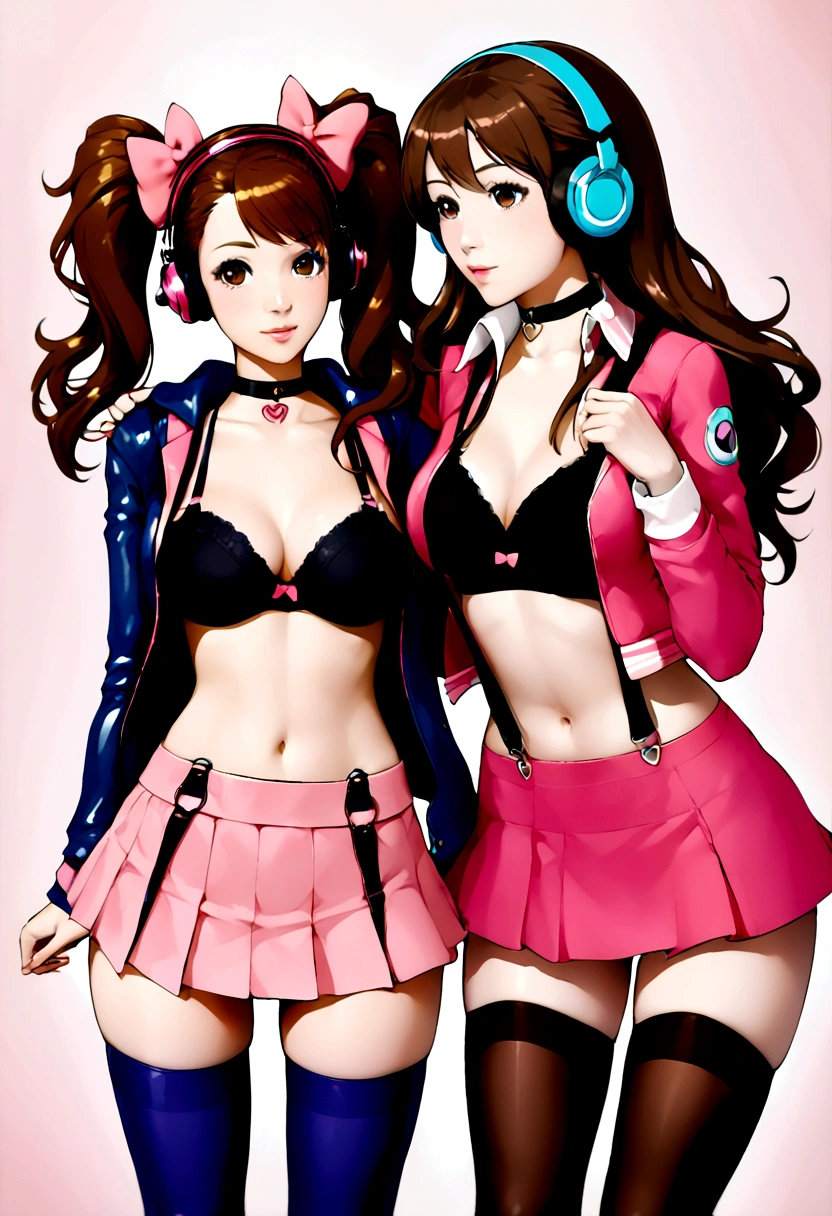 riseidol, brown hair, long hair, twintails, brown eyes, hair bow, headphones, open jacket, black bra, suspenders, midriff, pink skirt, thighhighs, choker