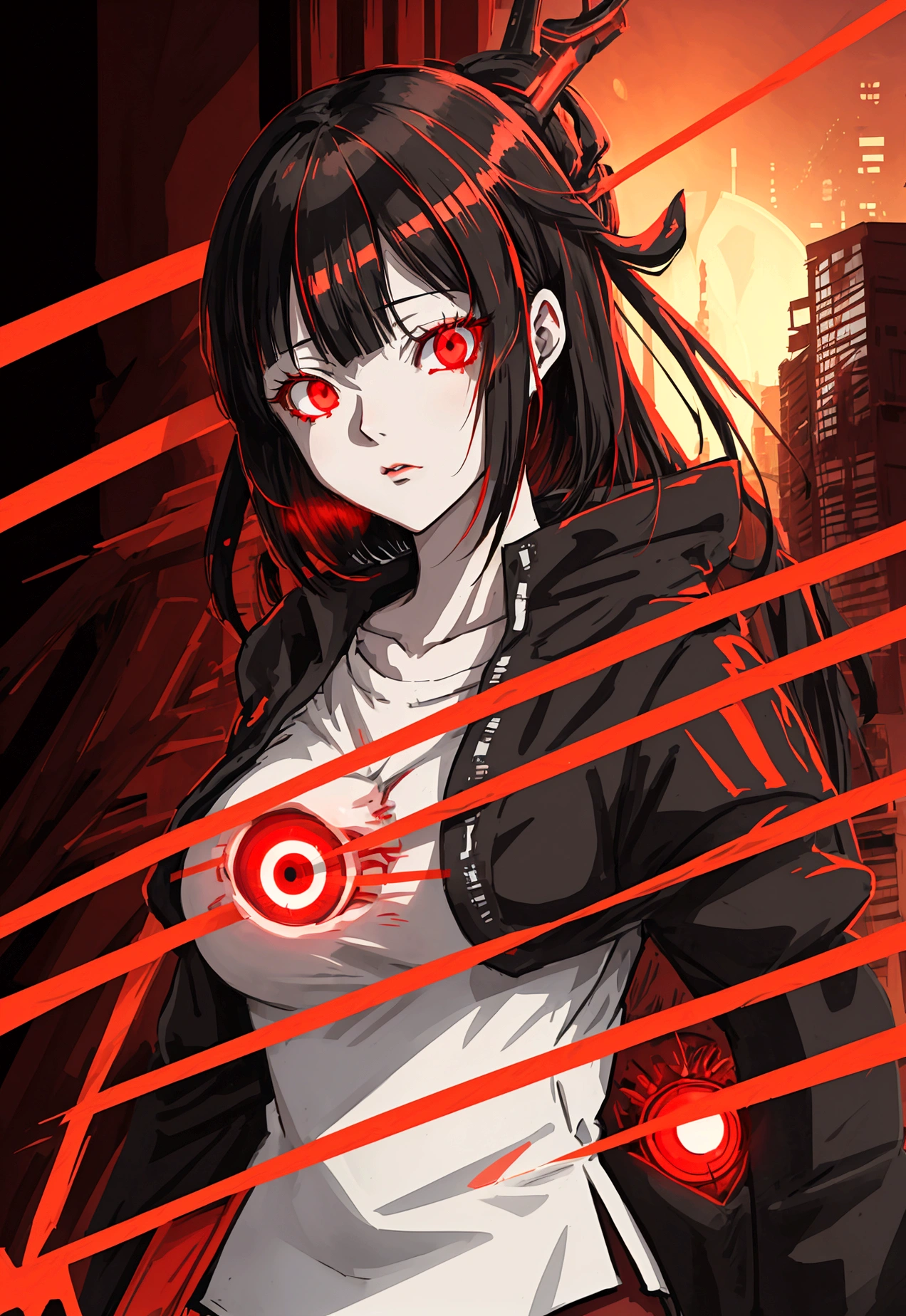 anime girl with red eyes and black hair in a city, with red glowing eyes, with glowing red eyes, anime cyberpunk art, detailed digital anime art, red eyes glowing, cyberpunk anime art, digital cyberpunk anime art, glowing red eyes, red glowing eyes, intense watery glowing red eyes, fully red eyes, luminous red eyes, with red eyes
