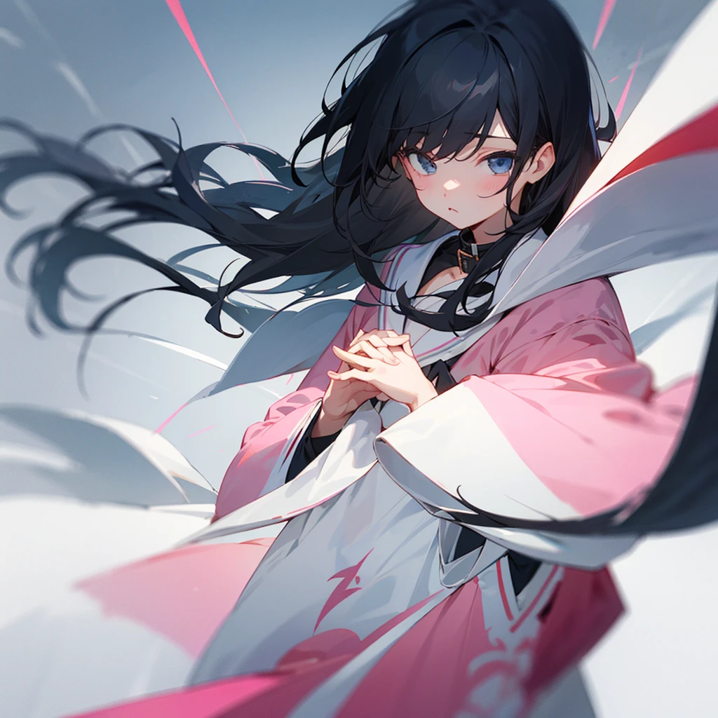 Girl、Black Hair、Light Pink、white collar、cute、Thin lines、Hands are hidden。Moe sleeves