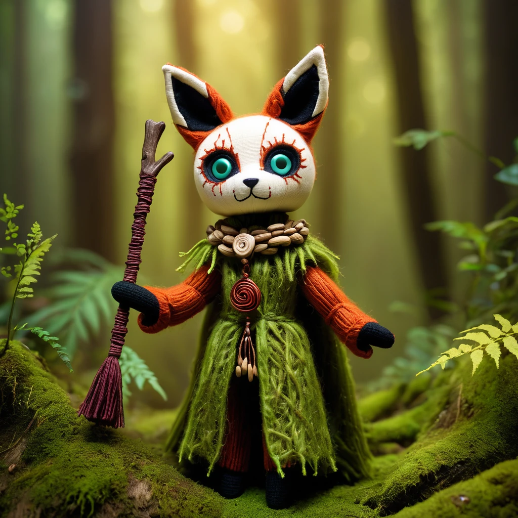 (knitted toy voodoo doll:1.7), (Voodoo Fox Healer of Forest Secrets:1.2), (Clothing: mossy cloak with hidden forest symbols:1.0), (Accessories: mystical staff with floating forest runes, enchanted acorns:1.1), (background: enchanted forest with luminescent plants, hidden forest creatures, and floating runes:1.2), best quality, masterpiece, detailed soft oil painting, detailed background, dramatic cinematic lighting, soft edge lighting, professional, dramatic lighting, hard edge lighting, ultra quality, 4k, masterpiece, best quality, 8k, ultra high definition, high resolution, extremely detailed
