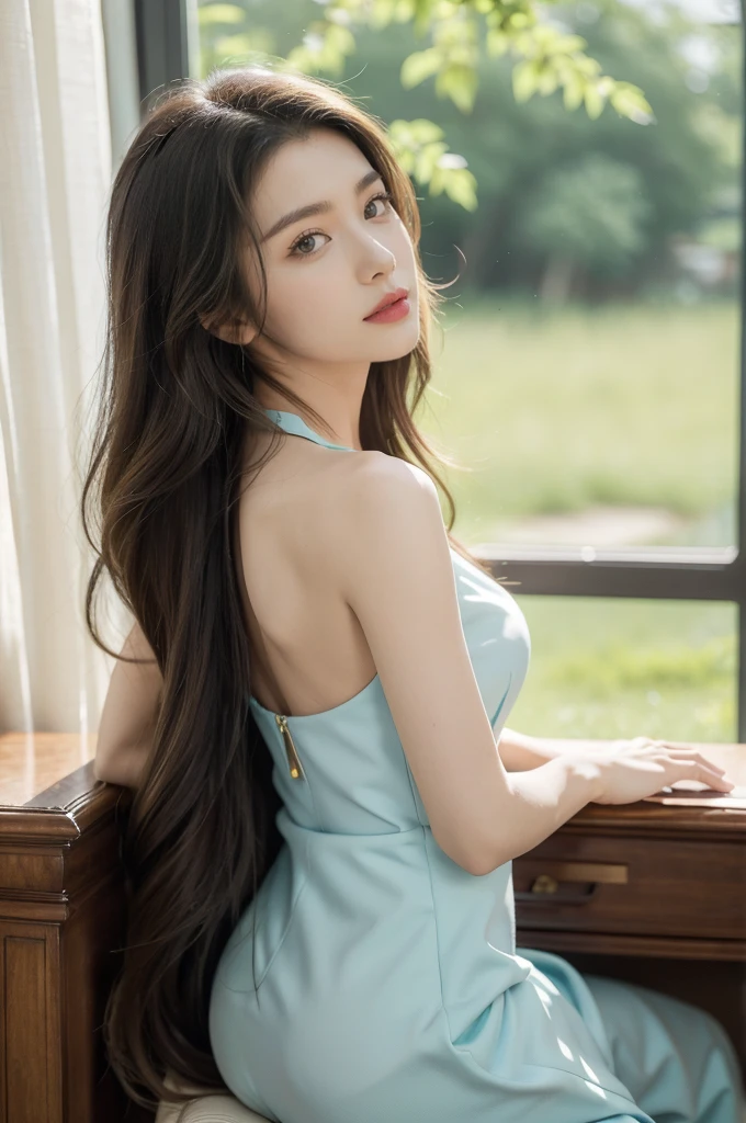 (((best quality))),(((ultra detailed))),(((masterpiece))),illustration,1girl,high school girl,solo,slim,thin,summer,sunshine,luxurious classroom,anticipation,beautiful,elegant,desk,college application form,sleeveless dress,light blue,summer sky,delicate floral pattern,shoulder length straight hair,sunlight,shimmering aura,fair skin,smooth skin,deep green eyes,luxury,plush leather chairs,richly patterned walls,state-of-the-art technology,open windows,summer breeze,freshly mown grass,distant bird songs,graceful movements,precise movements,serene face,focus,determination,dreams,aspirations,journey,fulfill academic goals,portrait,resilience,hope,future,courage,confidence,from back,upper body,bare back,towering hips,butt crack