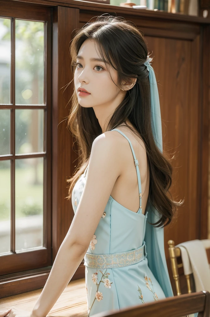 (((best quality))),(((ultra detailed))),(((masterpiece))),illustration,1girl,high school girl,solo,slim,thin,summer,sunshine,luxurious classroom,anticipation,beautiful,elegant,desk,college application form,sleeveless dress,light blue,summer sky,delicate floral pattern,shoulder length straight hair,sunlight,shimmering aura,fair skin,smooth skin,deep green eyes,luxury,plush leather chairs,richly patterned walls,state-of-the-art technology,open windows,summer breeze,freshly mown grass,distant bird songs,graceful movements,precise movements,serene face,focus,determination,dreams,aspirations,journey,fulfill academic goals,portrait,resilience,hope,future,courage,confidence,from back,upper body,bare back,towering hips,butt crack
