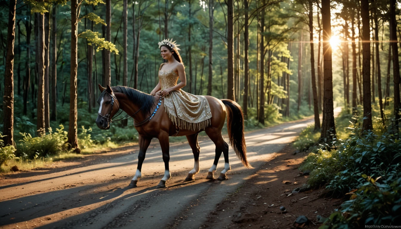 ((masterpiece)), ((best quality)), ((highres)), ((extremely detailed)), ((long shot, back view)), 1 girl as Pocahontas costume, full body, Beautiful Native American woman, mature woman, Big breast, (super realistic), (peerless beauty), detailed skin texture, detailed cloth texture, beautiful detailed face, intricate details, ultra detailed, indigenes feather jewelry, feather headdress, traditional handmade dress, (((riding on a massive draft horse))), (((road in the middle of the forest))), ultra realistic, concept art, elegant, ((intricate)), ((highly detailed)), depth of field, ((professionally color graded)), soft ambient lighting, dusk, (Best quality, A high resolution, Photorealistic, primitive, 8K,Masterpiece, ),Best quality, Masterpiec8K.hdr. High ribs:1.2, filmgrain, Blur bokeh:1.2, Lens flare, (vivd colour:1.2), (Delicate),