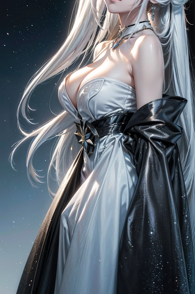 ((Close-up image:1.5))((masterpiece:1.5、8K、Tabletop、フォトリアリスティックでVery detailedなCG、Very detailed、Particle Effects、Dynamic Effects、Shallow depth of field、Cinematic Light、Lens flare、Ray Tracing、Tabletop、Realistic:1.4、Ultra-high resolution:1.2、Realistic、Realistic))((alone、,A woman wearing a black fur coat over an off-the-shoulder sweater:1.4、Elegant and sexy woman、Detailed face、bright表情、young, bright, Whiter skin、Medium chest、Beautiful cleavage、Best Looks、Asian、Ultimate beauty、bright and shiny hair,、Super long, Silky straight hair、Hair dancing in the wind))(spectacular night sky、White Knight、Amazing starry sky)((shiny white hair))