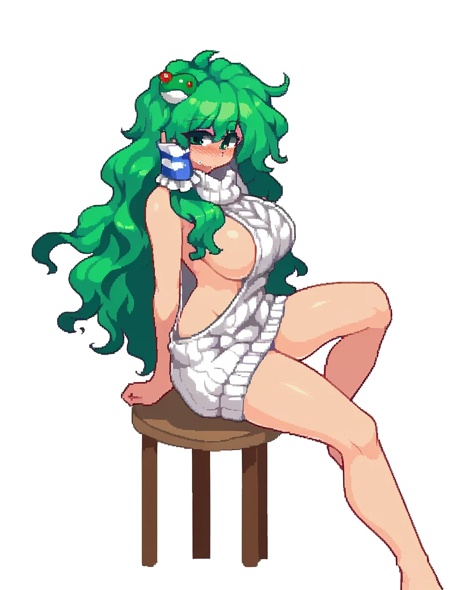 Expressive, score_9, score_8_up, score_9_up, Touhou, masterpiece, high quality, highly detailed, 1girl, kochiya sanae, solo, green hair, long hair, green eyes, long hair, big breasts, blush, round breasts,,,,,, frog hair ornament, hair tubes, snake hair ornament,,,, thin waist, sit on stool, white background,, virgin killer sweater,
