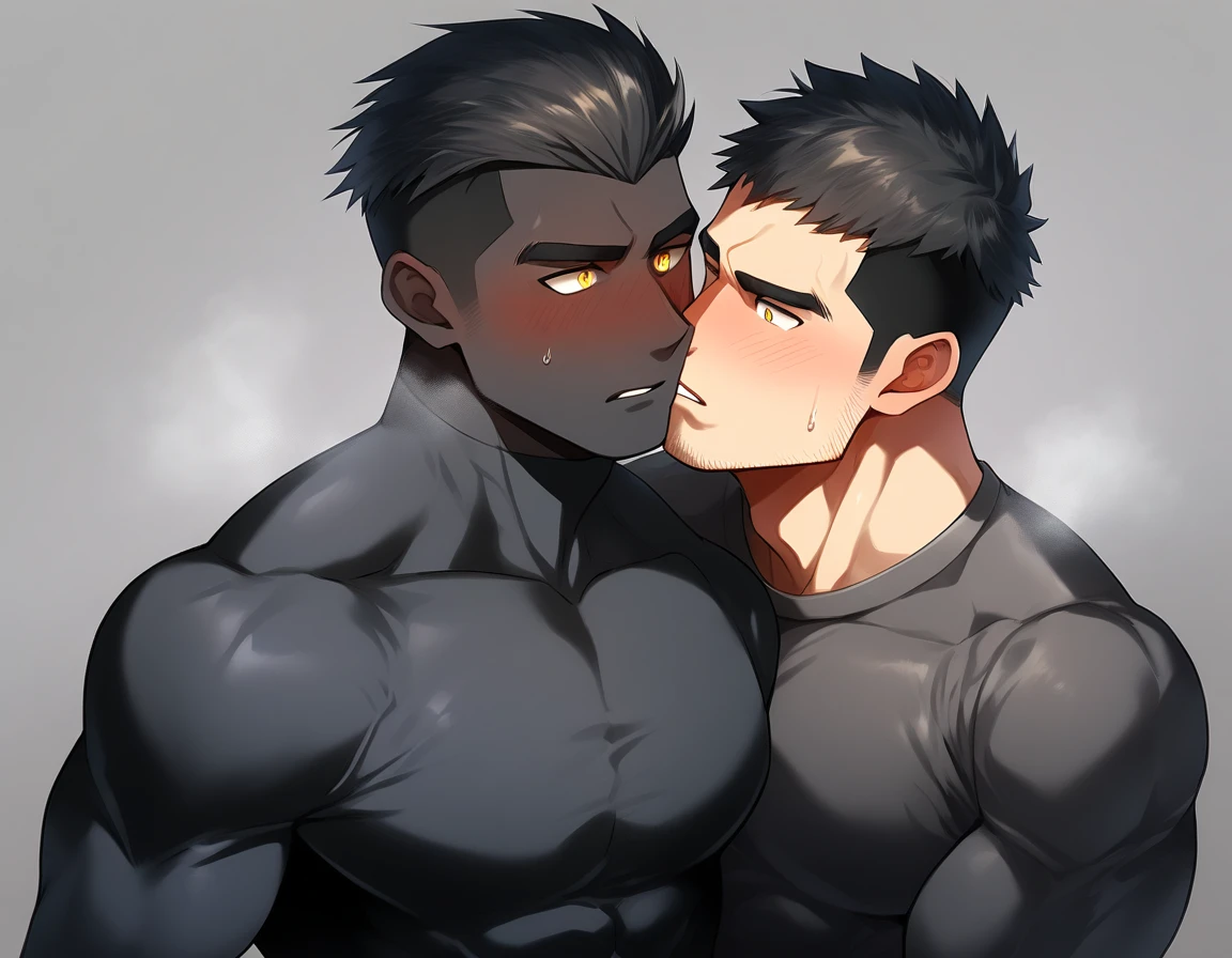 aanime characters：Two superheroes in tights, Muscle superhero, Black Short Hair, negro black skin, They hugged and kissed each other, Bite your neck, Caress, Manliness, male focus, Yellow and black high collar long sleeve tight T-shirt, Slightly transparent material, Very tight, Round, full and perky chest muscles, Male dog waist, Slightly transparent, muscular male, muscular, only, Upper body, alone, Black Short Hair, Thick eyebrows, stubble, Yellow eyes, Grey background, simple background, amazing quality, best aesthetics, Ridiculous, bright pupils, crew cut, parted lips, blush, heavy breathing, pain, drop shadow, best quality