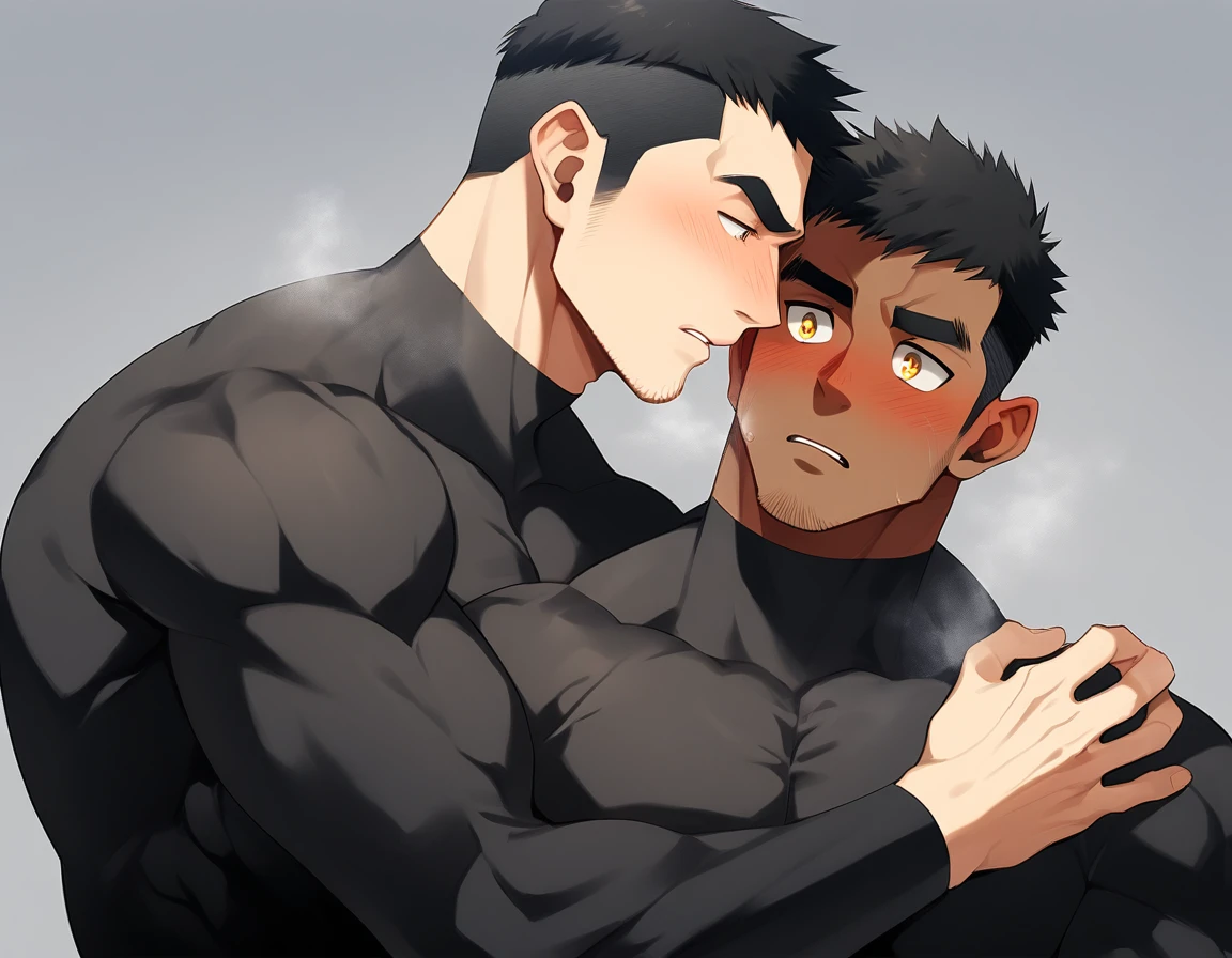 aanime characters:Two superheroes in tights, Muscle superhero, Black Short Hair, negro black skin, They hugged and kissed each other, Bite your neck, Caress, Manliness, male focus, Yellow and black high collar long sleeve tight T-shirt, Slightly transparent material, Very tight, Round, full and perky chest muscles, Male dog waist, Slightly transparent, muscular male, muscular, only, Upper body, alone, Black Short Hair, Thick eyebrows, stubble, Yellow eyes, Grey background, simple background, amazing quality, best aesthetics, Ridiculous, bright pupils, crew cut, parted lips, blush, heavy breathing, pain, drop shadow, best quality