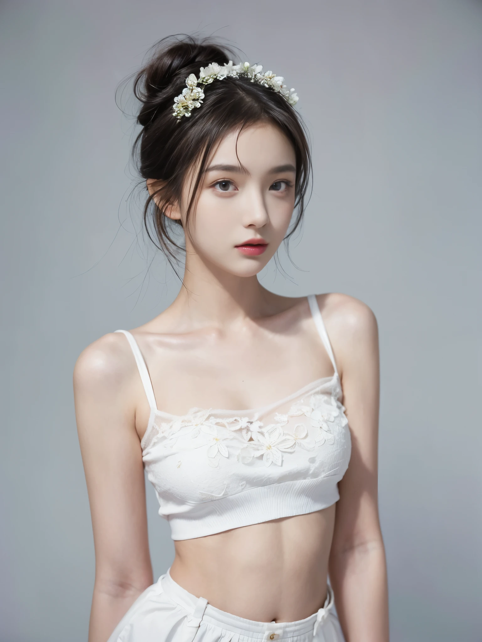 masterpiece,Best picture quality,Extreme details,Ultra-high resolution,Ultra-high definition,Beautiful young people,Glowing skin,thin,Black Hair,Half bun,1,big eyes,beautiful eyes,Lipstick,Exquisite facial features,Medium shot, Tube Top Suspenders,Single tone background,White background,Soft light,Wear flowers on your head