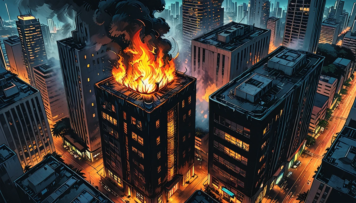 burning skyscraper, fire, smoke, 
(outside of a skyscraper), night, dark, 
the light is only from a skyscraper, tropical, top view, palm, ((bird's-eye view)),
skyscraper, tropical island,  graphic style of novel comics,  2d, 8k, hyperrealism, masterpiece, high resolution, best quality, ultra-detailed, super realistic, Hyperrealistic art, high-quality, ultra high res, highest detailed, lot of details, Extremely high-resolution details, incredibly lifelike, colourful, soft cinematic light,