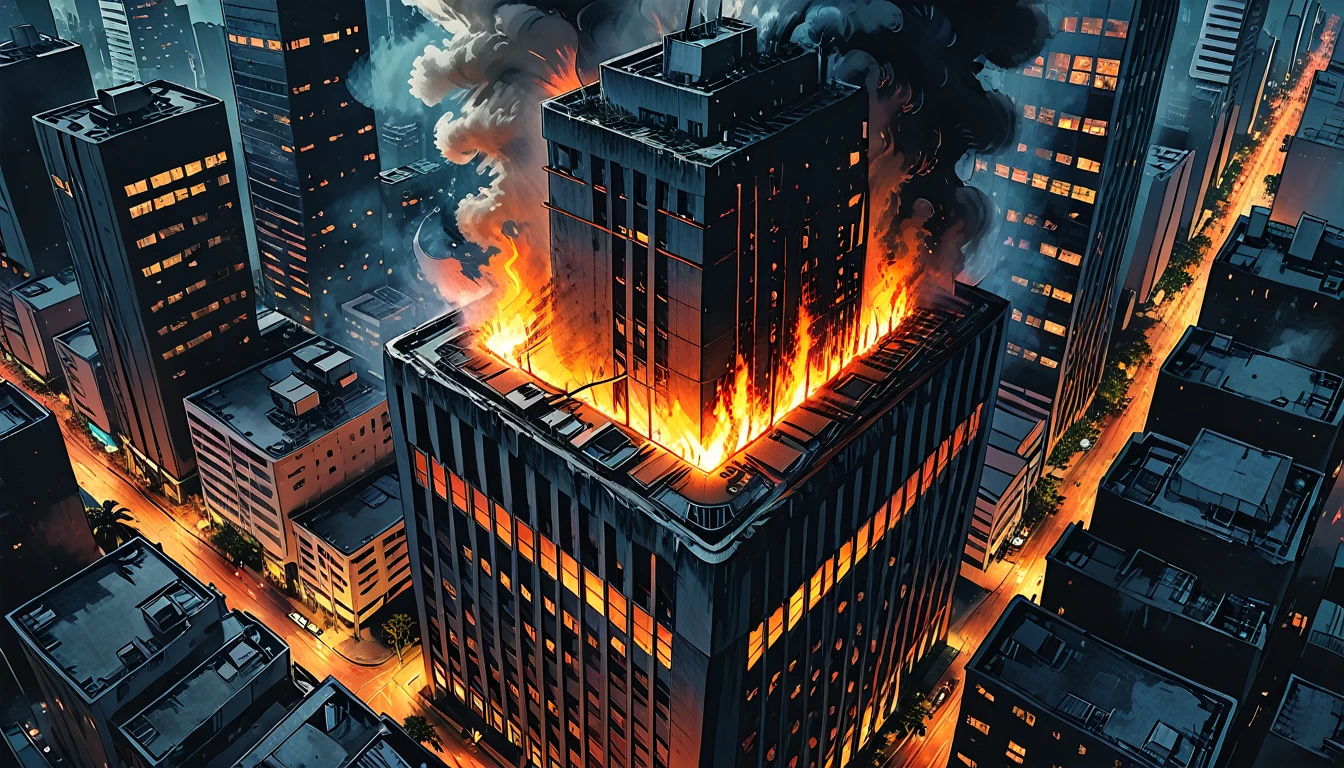 burning skyscraper, fire, smoke,
(outside of a skyscraper), night, dark,
the light is only from a skyscraper, tropical, top view, palm, ((bird's-eye view)),
skyscraper, tropical island, graphic style of novel comics, 2d, 8k, hyperrealism, masterpiece, high resolution, best quality, ultra-detailed, super realistic, Hyperrealistic art, high-quality, ultra high res, highest detailed, lot of details, Extremely high-resolution details, incredibly lifelike, colourful, soft cinematic light,