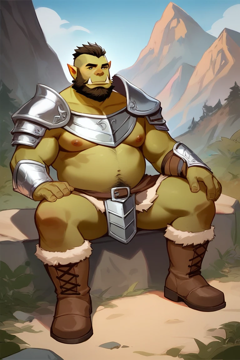 score_9, score_8_up, score_7_up, solo, male focus, chubby male, orc, green skin, tusks, beard, outdoors, micro armor , shoulder armor, breastplate, upper body , pauldrons, day, boots , (micro transparency briefs) , full body , laying spread legs , legs up , His body was wet with cum