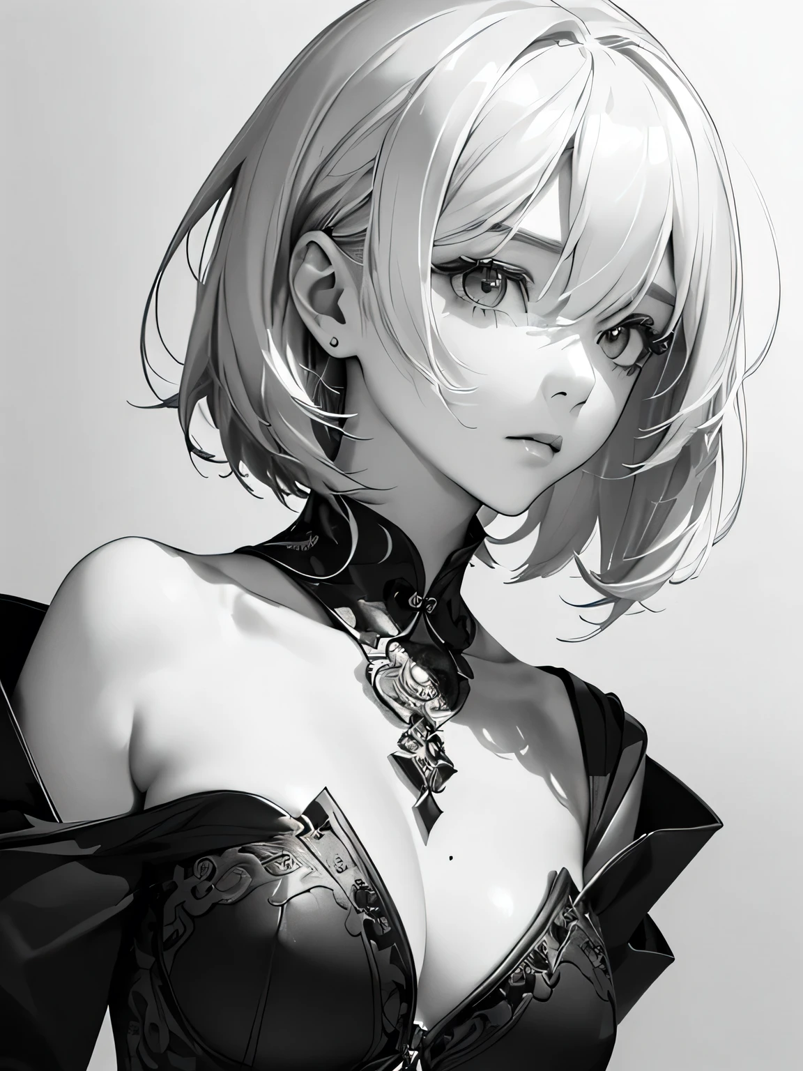 ((monochrome))(Image from chest up:1.4)((masterpiece:1.5,Highest quality,Highly detailed images,Beautiful images、Realistic、Sketch、2.5D、Ink Painting、Portraiture))(1girl, solo)(medium breasts, white hair、bob hair)(profile,Gaze straight ahead、Shake your head、A sad expression, floating hair)(Plain background)from side