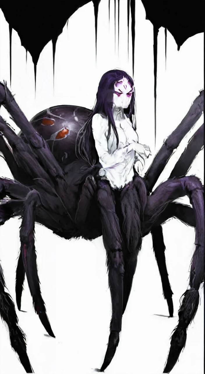 closeup, portrait, fantasy 4r4chn1d woman, detailed face, concept art, digital art, realistic, closeup, solo, warrior, arachnid, angry, evil, monster face, creature face, character focus, White hair, purple skin, long hair,spear,crystal, combat stance, attacking, fearsome