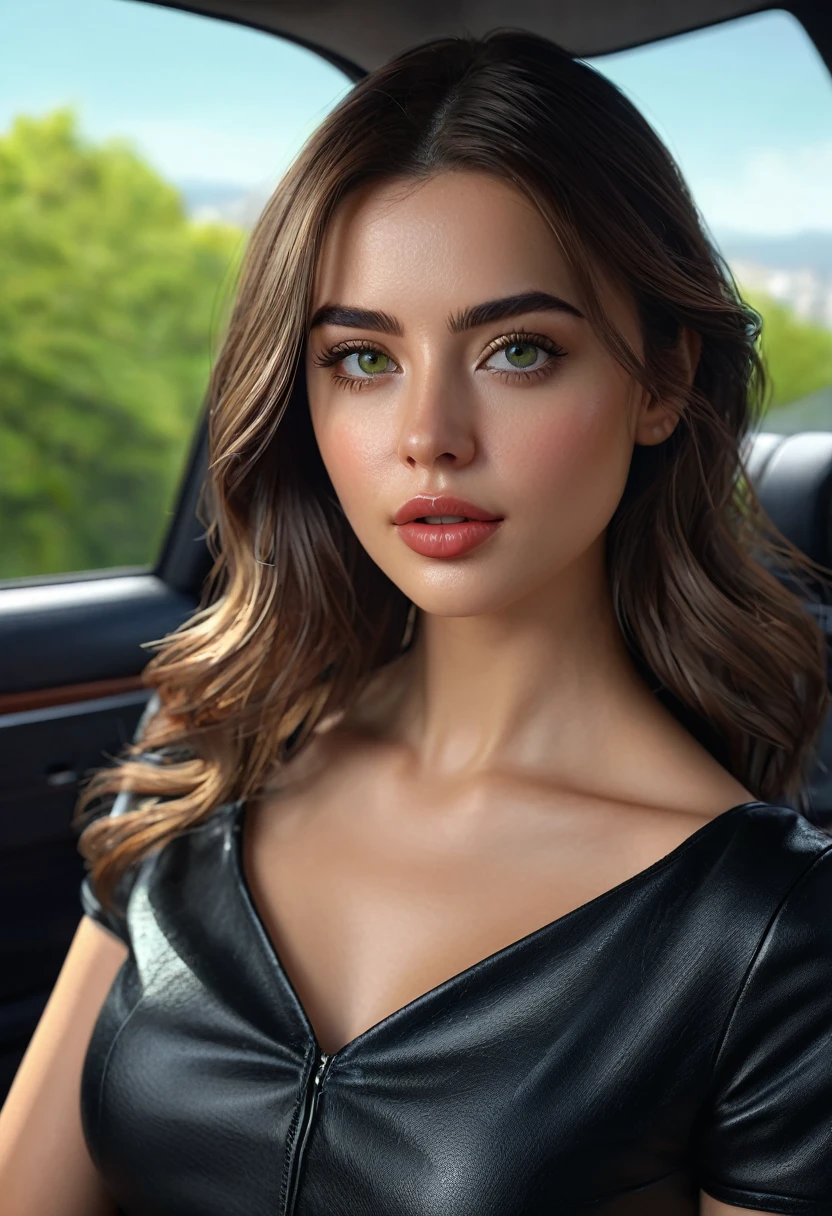 (best quality,realistic:1.37),high-res,ultra-detailed,painting,portrait,vivid colors,warm tones (best quality,4k,8k,highres,masterpiece:1.2),ultra-detailed,(realistic,photorealistic,photo-realistic:1.37),studio lighting,beautiful detailed eyes,beautiful detailed lips,artistic style,a brunette girl,,full body,long hair,confident expression,sophisticated clothing,daytime,bright sunlight,leather seats,steering wheel,tinted windows,attention to facial features,detailed background scenery,lush green trees,city skyline, wearing sexy black dress 