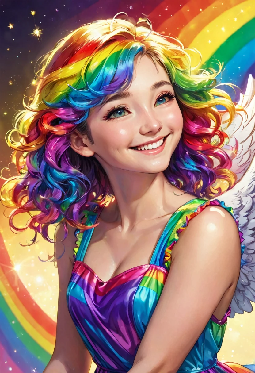 Profile of a beautiful angel in a rainbow-colored dress, close-up, smiling, happy