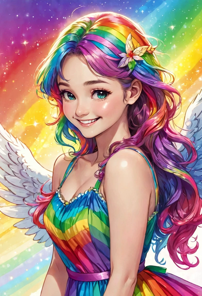 Profile of a beautiful angel in a rainbow-colored dress, close-up, smiling, happy