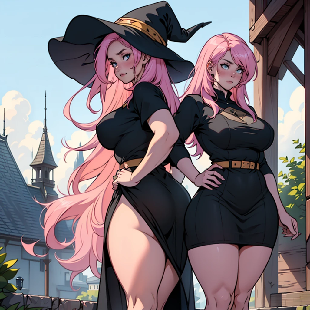 older woman in her 30s, with pink hair and a tall, curvy body, view from behind, standing backwards, breasts big, in this, (work of art, best qualityer:1.2) wearing the legendary great black dress of the mystical sorceress, Big witch hat, standing alone, alone, pink massive hair
