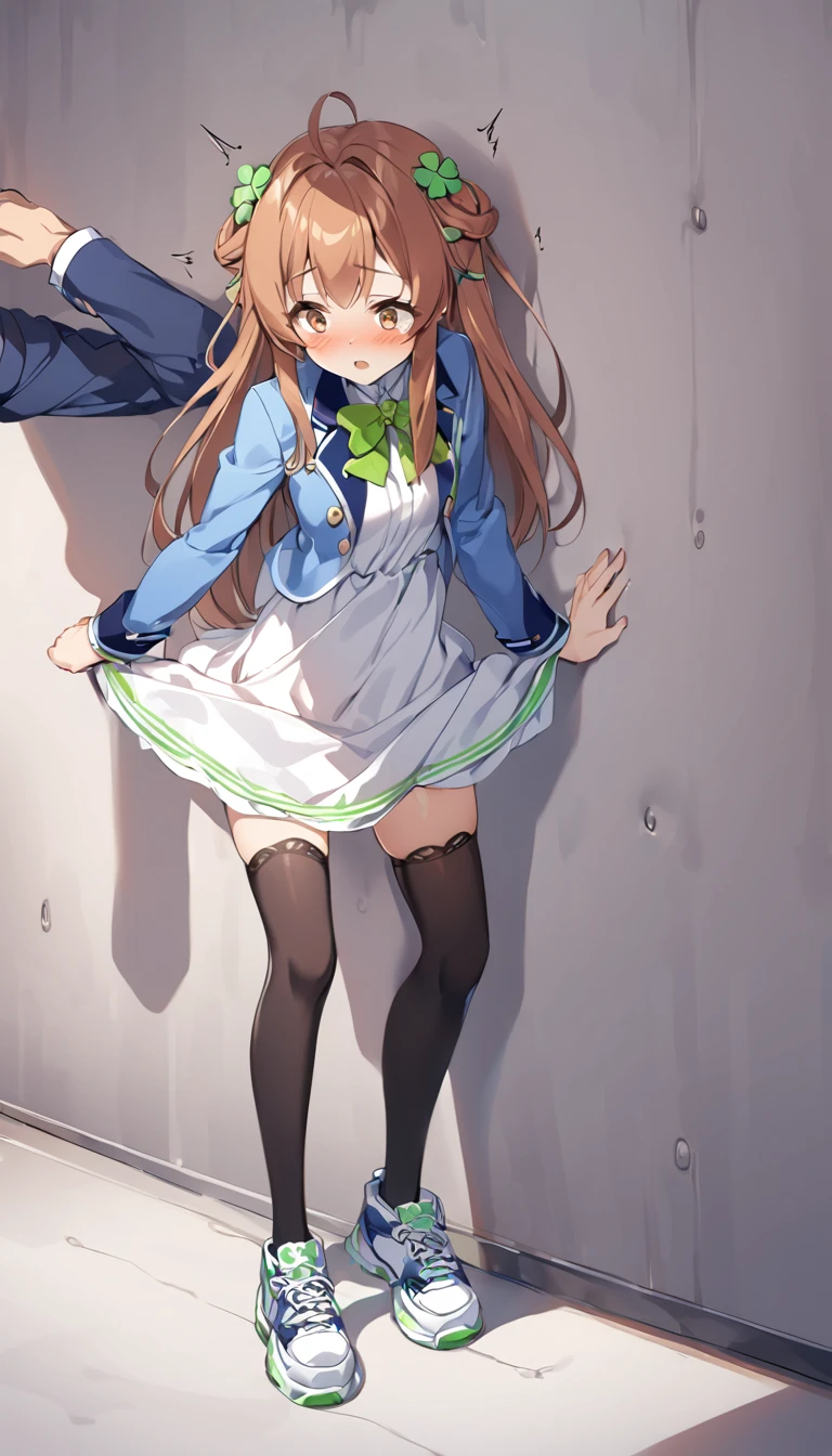 brown eyes,long hair,clover hair ornament,ahoge,blue jacket,white dress, long sleeves,green bow, black thighhighs,sneakers,amamiya mimori,dress lift, panties,indoor,slender legs,flustration,shadow, befind wall,doggystyle sex,boy grabbing hip, penis,hand on wall,press penis,