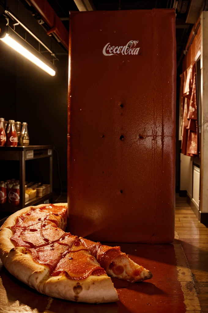 Image for restaurant menu, pepperoni pizza, Coca-Cola bottle next to it studio lighting, cinematic