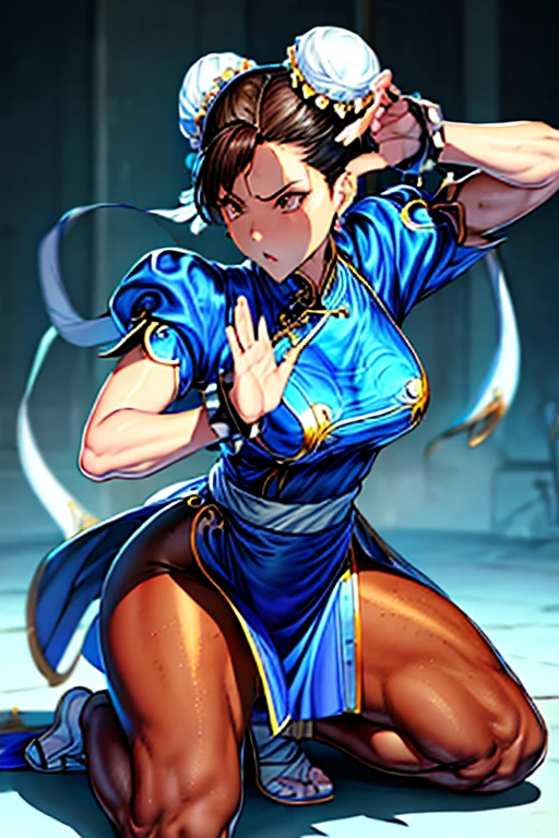 Chun-Li from Street Fight II,Chun-Li Costume,Blue Chinese dress with gold lines,Bunhead、Highest quality, 超High resolution、(High resolution)、(8K)、(Very detailed),Diagonal bangs、masterpiece, Highest quality, masterpiece, Highest quality,  Bad move -5, alone, 1 Girl,  Brown Hair, From SF2,  Muscular woman, Blue clothes, pantyhose, Pelvic Curtain, Puff short sleeves,Standing position -.
(Both hands tied with thick rope。)
(((On one knee。)))
(((pantyhoseは切り刻まれている。)))
The blue cheongsam is cut into pieces。
Her breasts are peeking out from the crack。
((Bleeding from arms or legs。))
Crippling。
I&#39;m somehow maintaining my posture。If he gets hit with another blow, he will surely die.。
Enduring the pain。