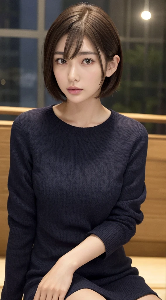 8K、High resolution、high quality、Realistic、whole body、walking、expensive、all、short hair、Brown Hair、double、woman、Late 20s、Long face、Japanese、expensive鼻、Straight nose、Mid-chest、Navy knit dress、一人のwoman、Small face、Round face、High floors、Sitting in a chair、night景、night