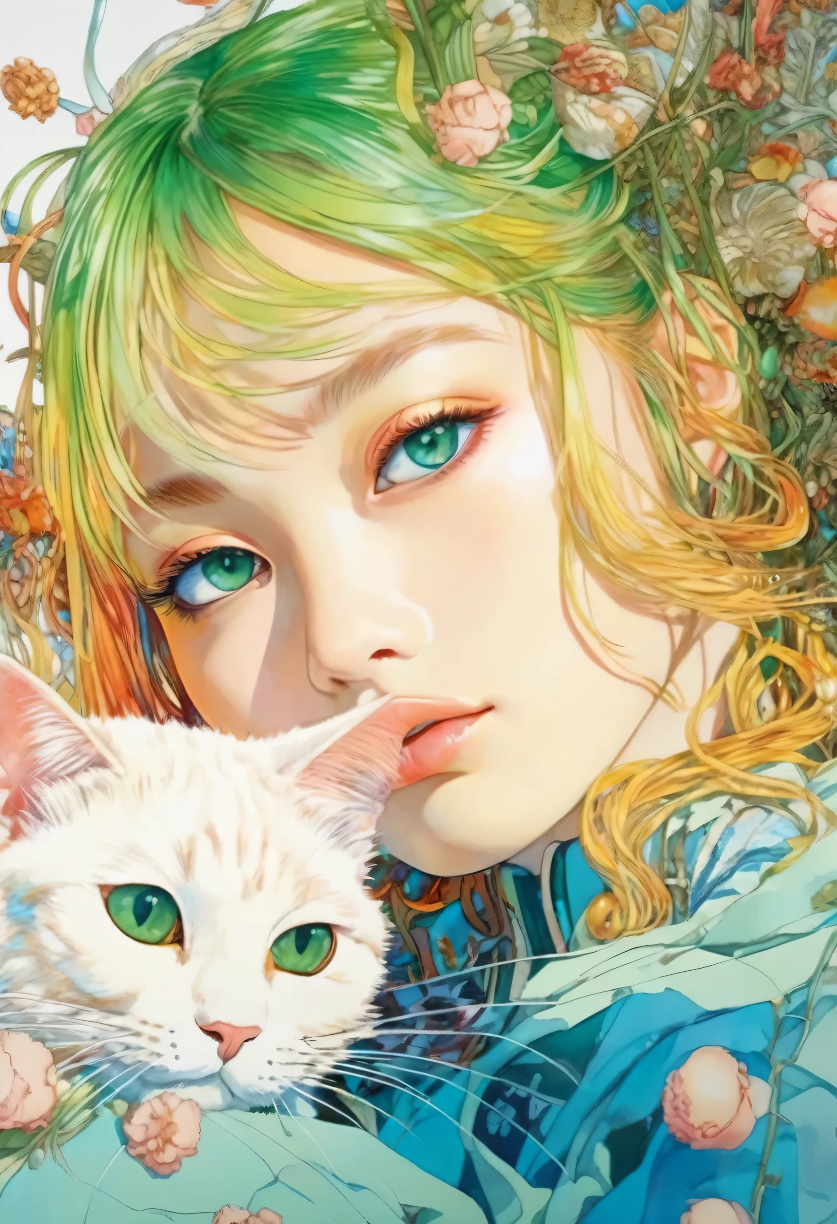 artwork:Katsuya Terada
8k, High resolution, A complex and intricate masterpiece, (Summer vacation:1.4), (Cat and girl:1.1), transparent, Sparkling blue eyes, Calico cat with pink eyes, Medium Shot, Green Hair, Organic Shapes, Hard Edge, Anatomically correct body, Ultra-realistic, Cat elegant,Cinema Lighting, Very detailed, Vibrant colors, Octane Rendered Cat, Surreal atmosphere, Award-winning works, Bright and rich colors, iridescent accents, Dramatic Shadows,Dynamic and atmospheric lighting, Anamorphic Lens, Sharp focus,
An intricate and detailed masterpiece by Katsuya Terada, Katsuya Terada Style, Pop Surrealism, watercolor , (Kanna Hashimoto:1.2)
