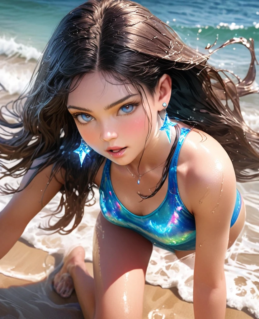 photorealistic,8K,Beauty,gal，an extremely delicate and beautiful,Beautiful and realistic skin,Shiny jewel-like earrings,glowing tattoo,Long colerful hair,blue eyes,whole body,Summer beach,Sparkly Swimsuit,Splash