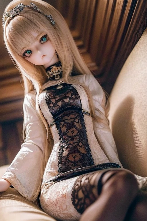 photorealistic, realistic photo, ((highest quality)), ((masterpiece)), detailed, kukolnydom, doll, (mature woman:1.6), solo, sitting on sofa, reclining on sofa, green eyes, brown hair, parted lips, (looking down, skinny, slender, slim, blank eyes, empty eyes, detailed eyes:1.3), blouse, castle, 8k