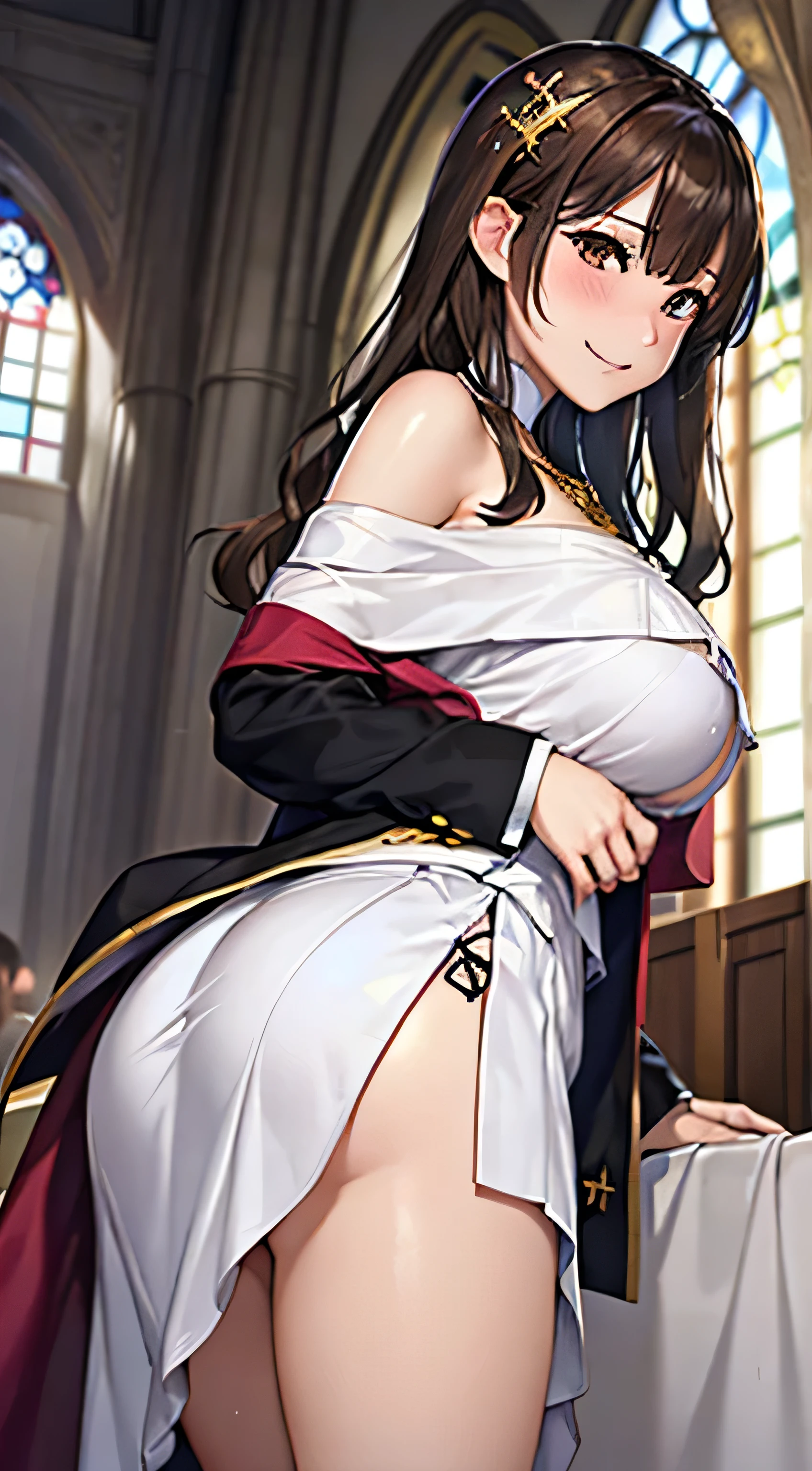 ((Tabletop, Highest quality, High resolution, , Pixel Perfect, 4K,))), 1 female, 、The whole body is visible、 ((Long Wavy Hair, bangs, Brown Hair)), ((Brown eyes, Beautiful eyelashes, Realistic eyes)), ((Detailed face, Blushing:1.2)), ((Smooth texture:0.75, Realistic texture:0.65, Realistic:1.1, Anime CG Style)), Medium sized breasts, Dynamic Angle, Perfect body, (( , , Beautiful Priest、、 Priest off-shoulder jacket、Pleat Long Flare Skirt、、)), Gold Hair Ornament、Cross Necklace、、Very embarrassing panic smile, 、Gorgeous church basilica、、、、Hold a big Bible、、、、Lace panties are visible、Bring your arms together、Stick your butt out、、、 、Angle from below)、