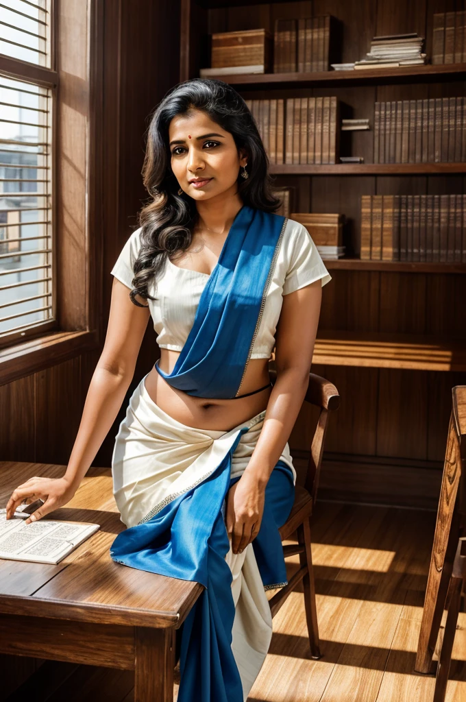 Imagine:

"Advocate lady in a sunlit courtroom with faded blue and white walls, a judge's table holding a chipped gavel and dusty files. Wooden cabinets and open shelves filled with files, peeling metal jury box, and mismatched chairs. Sunlight cuts through high barred windows, illuminating the cracked tile floor. Sudha, in her late 30s, sharp and well-respected, wears a professional saree, exuding confidence and authority."