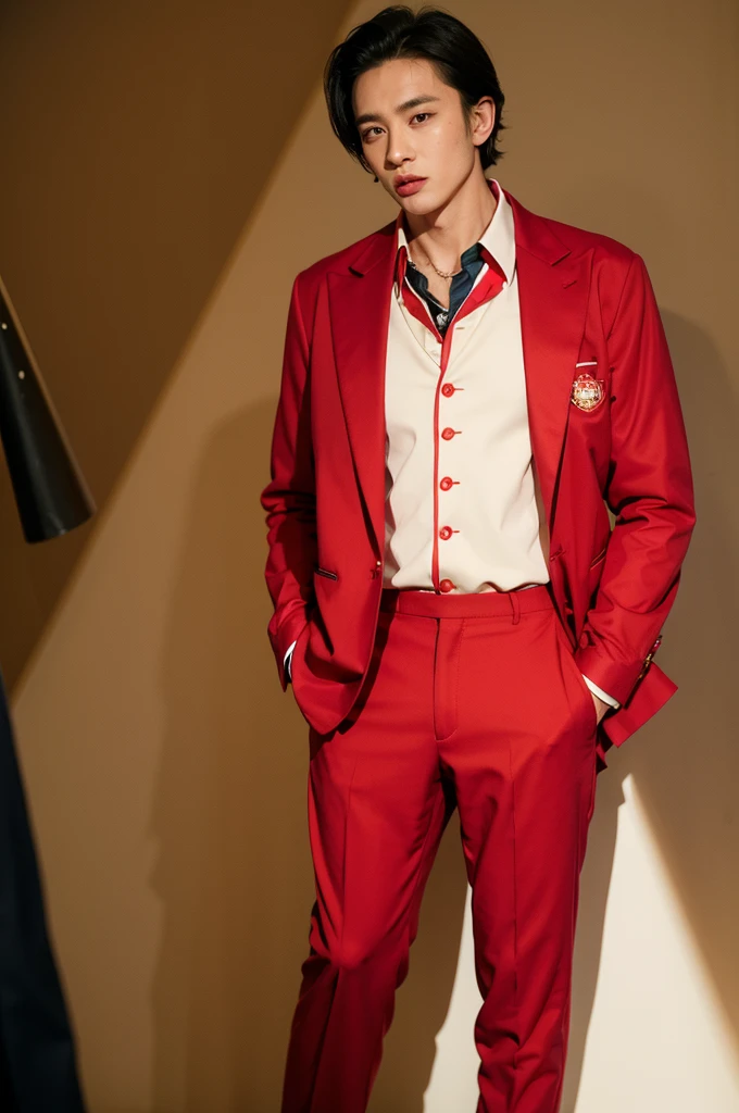 (1man:1.4),(male:1.2),(full body:1.2),(Collared shirt and red blazer and suit trousers:1.4),