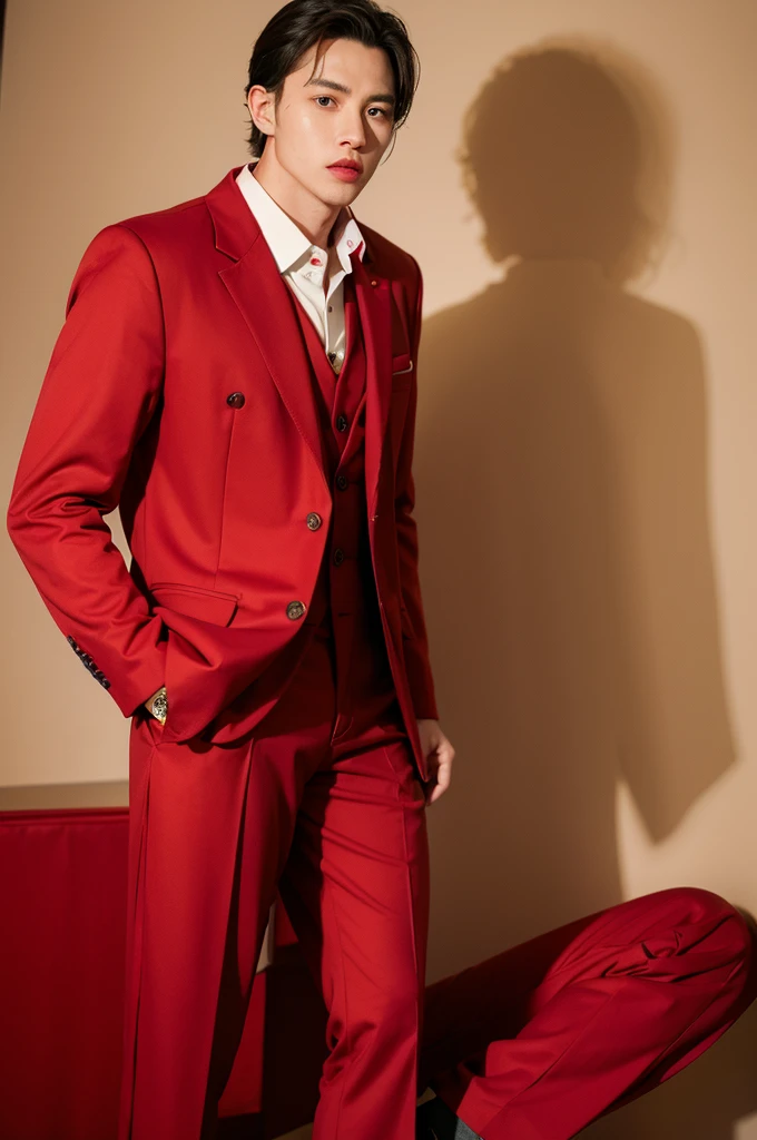 (1man:1.4),(male:1.2),(full body:1.2),(Collared shirt and red blazer and suit trousers:1.4),