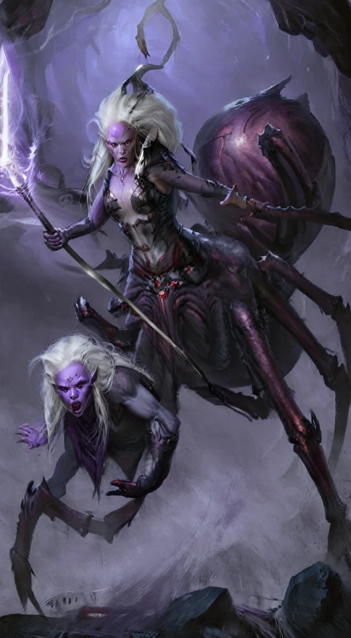 closeup, portrait, fantasy 4r4chn1d woman, detailed face, concept art, digital art, realistic, closeup, solo, warrior, arachnid, angry, evil, monster face, creature face, character focus, White hair, purple skin, long hair,spear,crystal, combat stance, attacking, fearsome